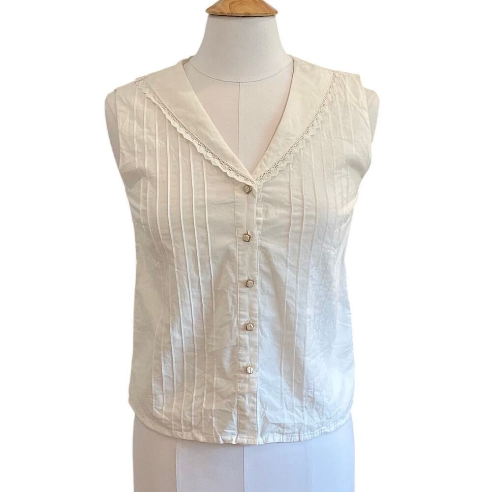 Simple Retro Ivory Vintage Inspired V-Neck Pintuck Button Up Vest / Top Cotton S